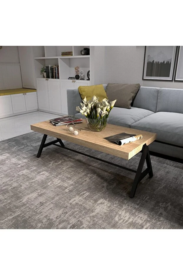 Dekoratif Ahşap Orta Sehpa Metal Sehpa Siyah